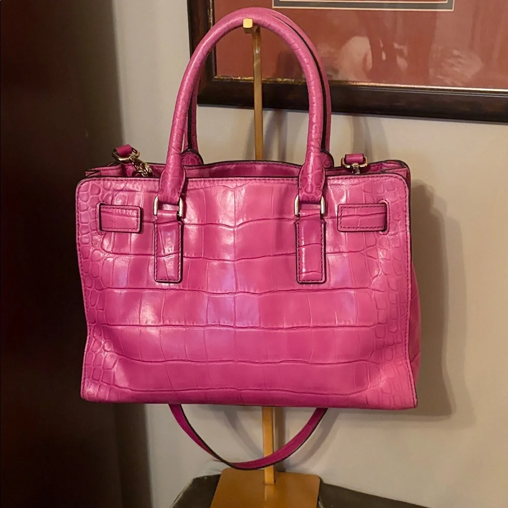 Michael Kors Dillon Fuchsia Crocodile-Embossed Satchel - Picture 6 of 13